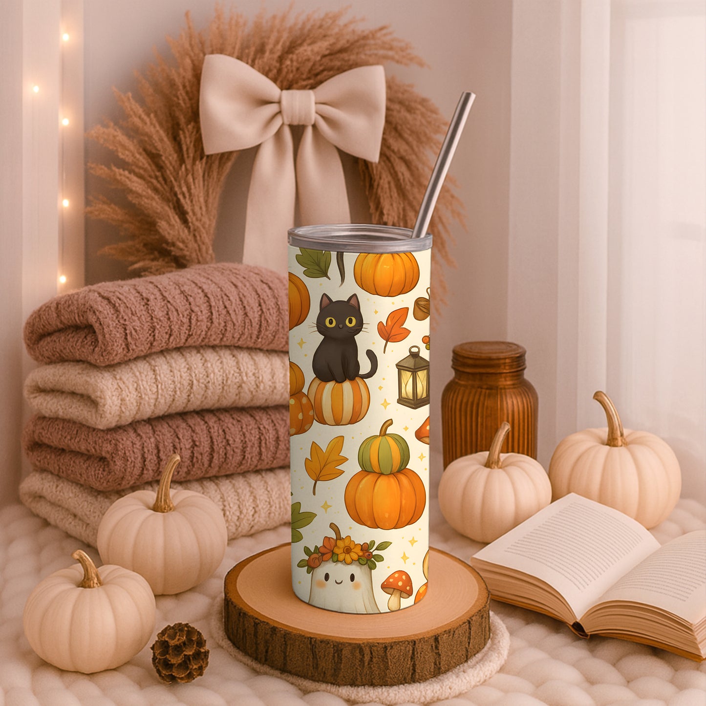 Autumn Patterned Black Cat 20oz Tumbler
