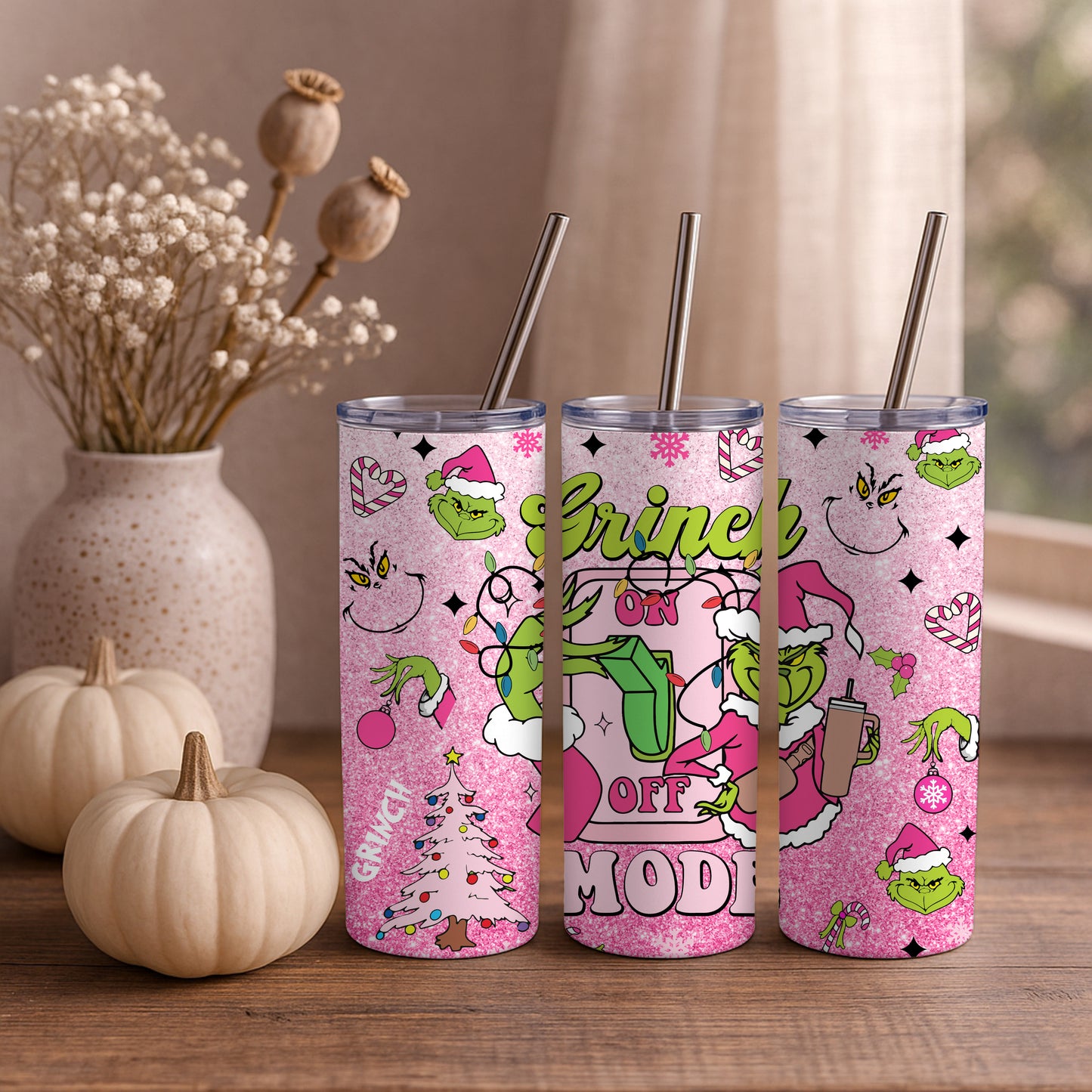 Grinch Mode Pink Glittery 20oz Tumbler