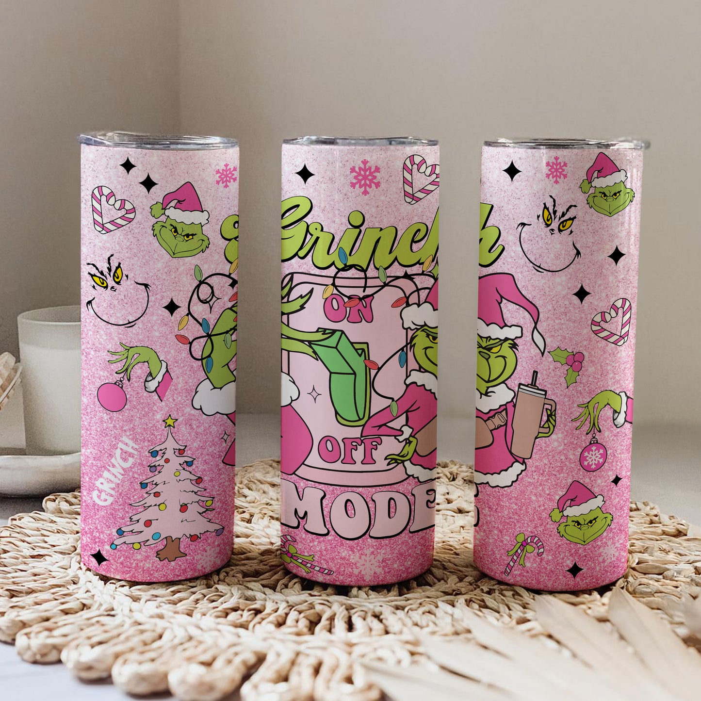 Grinch Mode Pink Glittery 20oz Tumbler
