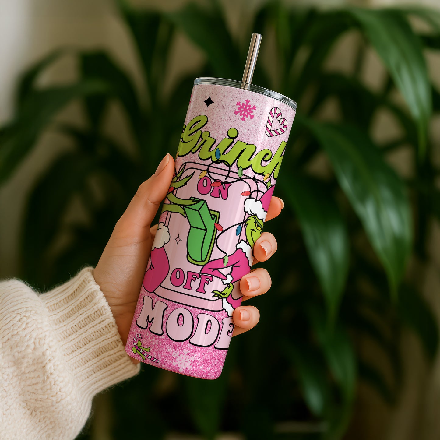 Grinch Mode Pink Glittery 20oz Tumbler