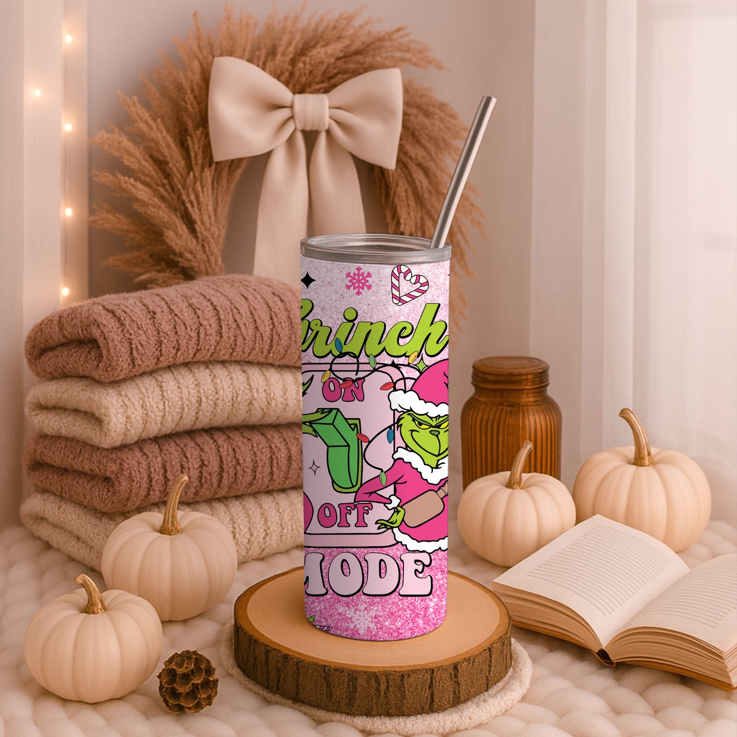 Grinch Mode Pink Glittery 20oz Tumbler