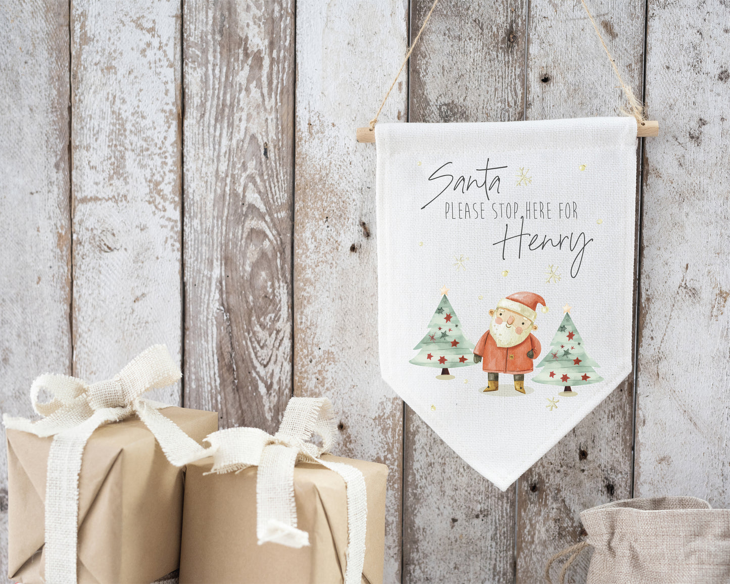 Personalised Santa Stop Here Canvas Flag – Custom Christmas Wall Hanging for Kids