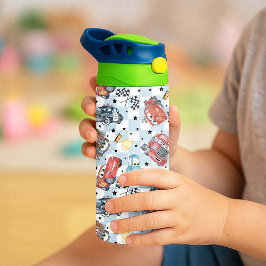 Cars Pattern 12oz Childrens Insulated Water Bottle - Green and Blue