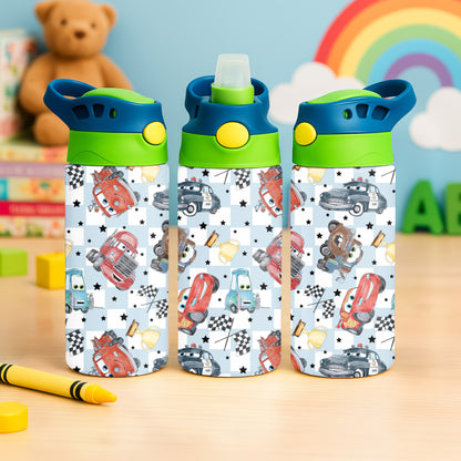 Cars Pattern 12oz Childrens Insulated Water Bottle - Green and Blue