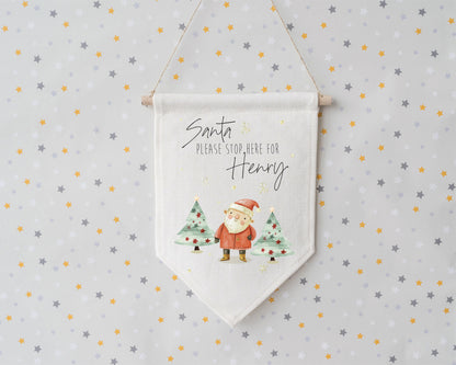 Personalised Santa Stop Here Canvas Flag – Custom Christmas Wall Hanging for Kids