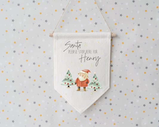 Personalised Santa Stop Here Canvas Flag – Custom Christmas Wall Hanging for Kids