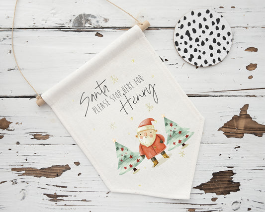 Personalised Santa Stop Here Canvas Flag – Custom Christmas Wall Hanging for Kids